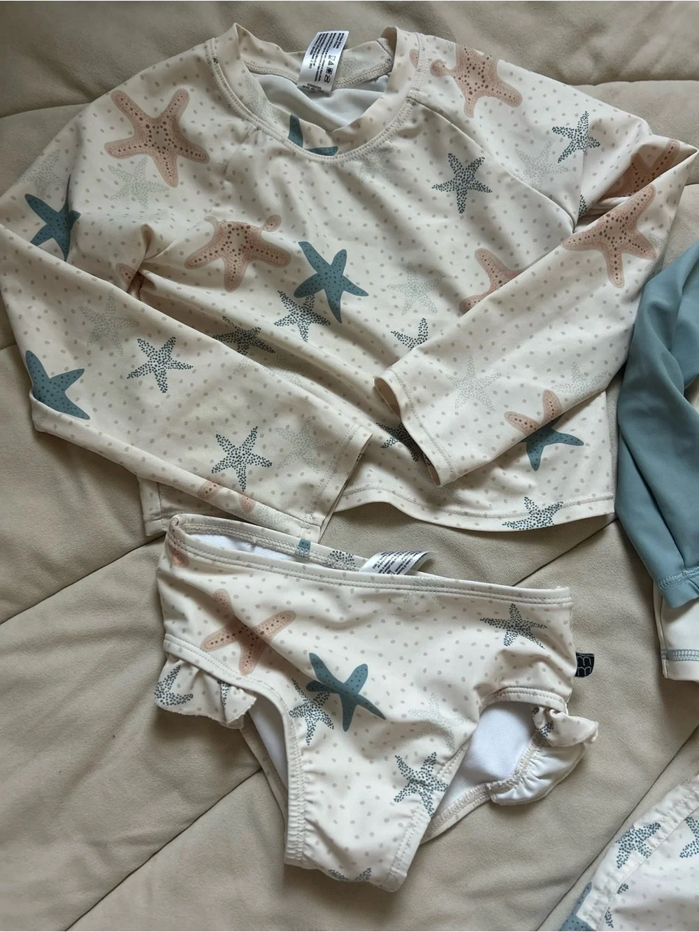 Sibling swim set - Children's Starfish Swim Set - Cream with Blue & Tan Stars